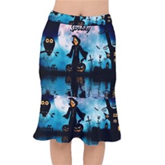 Funny Halloween Design With Skeleton, Pumpkin And Owl Short Mermaid Skirt by FantasyWorld7