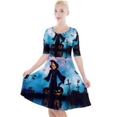 Funny Halloween Design With Skeleton, Pumpkin And Owl Quarter Sleeve A-line Dress by FantasyWorld7