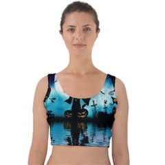 Funny Halloween Design With Skeleton, Pumpkin And Owl Velvet Crop Top by FantasyWorld7