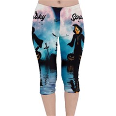 Funny Halloween Design With Skeleton, Pumpkin And Owl Velvet Capri Leggings  by FantasyWorld7