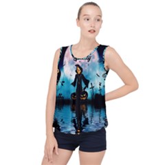 Funny Halloween Design With Skeleton, Pumpkin And Owl Bubble Hem Chiffon Tank Top by FantasyWorld7