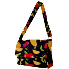 Vector Seamless Summer Fruits Pattern Black Background Full Print Messenger Bag by Vaneshart