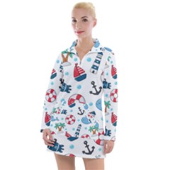 Seamless Pattern Nautical Icons Cartoon Style Women s Long Sleeve Casual Dress by Vaneshart