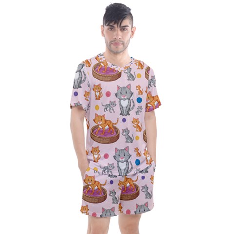 Cat Seamless Pattern Men s Mesh Tee And Shorts Set by Vaneshart