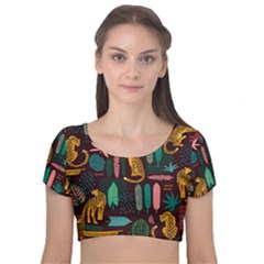 Vector Seamless Pattern With Leopards Velvet Short Sleeve Crop Top  by Vaneshart