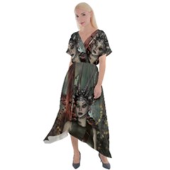 Awesome Fantasy Women With Helmet Cross Front Sharkbite Hem Maxi Dress by FantasyWorld7