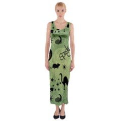 Funny Halloween Pattern With Witch, Cat And Pumpkin Fitted Maxi Dress by FantasyWorld7