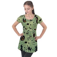 Funny Halloween Pattern With Witch, Cat And Pumpkin Puff Sleeve Tunic Top by FantasyWorld7