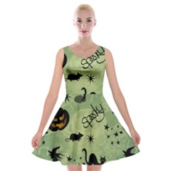 Funny Halloween Pattern With Witch, Cat And Pumpkin Velvet Skater Dress by FantasyWorld7