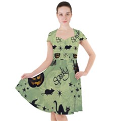 Funny Halloween Pattern With Witch, Cat And Pumpkin Cap Sleeve Midi Dress by FantasyWorld7