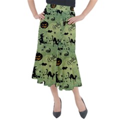 Funny Halloween Pattern With Witch, Cat And Pumpkin Midi Mermaid Skirt by FantasyWorld7