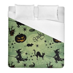 Funny Halloween Pattern With Witch, Cat And Pumpkin Duvet Cover (full/ Double Size) by FantasyWorld7