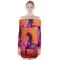 Wonderful Fantasy Horse In A Autumn Landscape Long Sleeve Off Shoulder Dress by FantasyWorld7