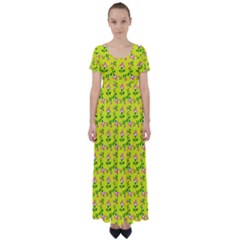 Carnation Pattern Yellow High Waist Short Sleeve Maxi Dress by snowwhitegirl