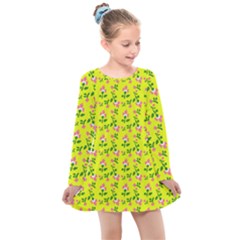 Carnation Pattern Yellow Kids  Long Sleeve Dress by snowwhitegirl