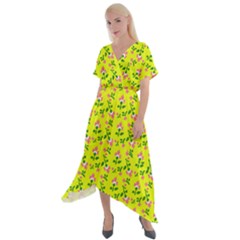 Carnation Pattern Yellow Cross Front Sharkbite Hem Maxi Dress by snowwhitegirl