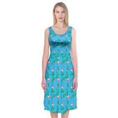 Carnation Pattern Blue Midi Sleeveless Dress by snowwhitegirl