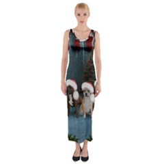 Christmas, Cute Dogs With Christmas Hat Fitted Maxi Dress by FantasyWorld7