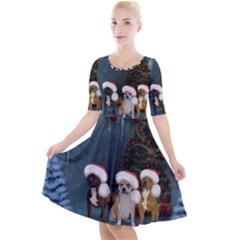 Christmas, Cute Dogs With Christmas Hat Quarter Sleeve A-line Dress by FantasyWorld7