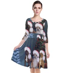 Christmas, Cute Dogs With Christmas Hat Quarter Sleeve Waist Band Dress by FantasyWorld7