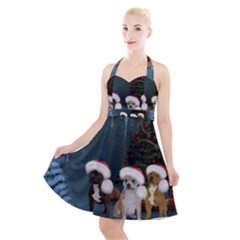 Christmas, Cute Dogs With Christmas Hat Halter Party Swing Dress  by FantasyWorld7