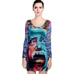 Albert Einstein Retro Wall Graffiti Blue Pink Orange Modern Urban Art Grunge Long Sleeve Bodycon Dress by snek