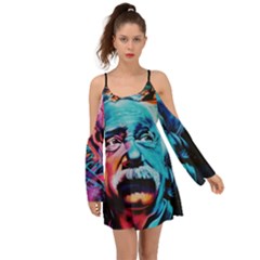 Albert Einstein Retro Wall Graffiti Blue Pink Orange Modern Urban Art Grunge Kimono Sleeves Boho Dress by snek