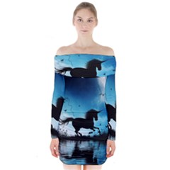 Wonderful Unicorn Silhouette In The Night Long Sleeve Off Shoulder Dress by FantasyWorld7