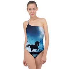 Wonderful Unicorn Silhouette In The Night Classic One Shoulder Swimsuit by FantasyWorld7