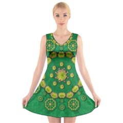 Fauna Bloom Mandalas On Bohemian Green Leaves V-neck Sleeveless Dress by pepitasart