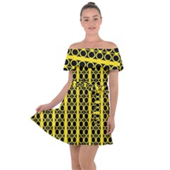 Circles Lines Black Yellow Off Shoulder Velour Dress by BrightVibesDesign