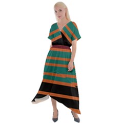 Black Stripes Orange Brown Teal Cross Front Sharkbite Hem Maxi Dress by BrightVibesDesign