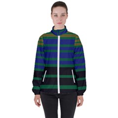 Black Stripes Green Olive Blue Women s High Neck Windbreaker by BrightVibesDesign