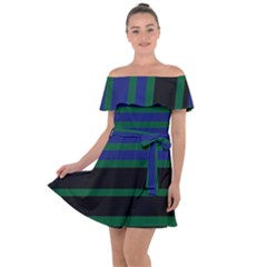 Black Stripes Green Olive Blue Off Shoulder Velour Dress by BrightVibesDesign