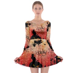 Funny Halloween Design, Cat, Pumpkin And Witch Long Sleeve Skater Dress by FantasyWorld7