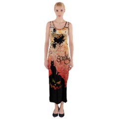 Funny Halloween Design, Cat, Pumpkin And Witch Fitted Maxi Dress by FantasyWorld7