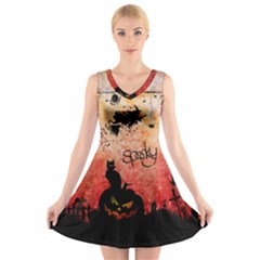 Funny Halloween Design, Cat, Pumpkin And Witch V-neck Sleeveless Dress by FantasyWorld7