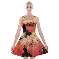 Funny Halloween Design, Cat, Pumpkin And Witch Velvet Skater Dress by FantasyWorld7