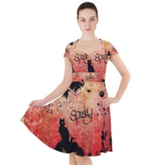 Funny Halloween Design, Cat, Pumpkin And Witch Cap Sleeve Midi Dress by FantasyWorld7