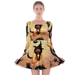 Funny Halloween Design, Pumpkin, Cat, Owl And Crow Long Sleeve Skater Dress by FantasyWorld7