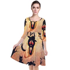 Funny Halloween Design, Pumpkin, Cat, Owl And Crow Quarter Sleeve Waist Band Dress by FantasyWorld7