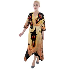 Funny Halloween Design, Pumpkin, Cat, Owl And Crow Quarter Sleeve Wrap Front Maxi Dress by FantasyWorld7