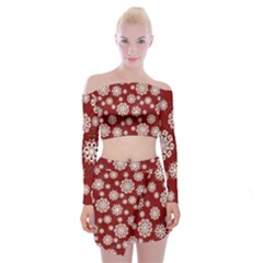 Snowflakes On Red Off Shoulder Top With Mini Skirt Set by bloomingvinedesign