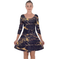 Black Marble Texture With Gold Veins Floor Background Print Luxuous Real Marble Quarter Sleeve Skater Dress by genx