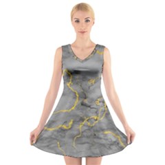 Marble Neon Retro Light Gray With Gold Yellow Veins Texture Floor Background Retro Neon 80s Style Neon Colors Print Luxuous Real Marble V-neck Sleeveless Dress by genx