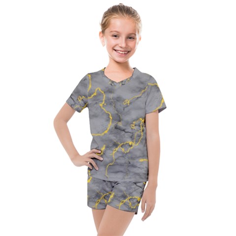 Marble Neon Retro Light Gray With Gold Yellow Veins Texture Floor Background Retro Neon 80s Style Neon Colors Print Luxuous Real Marble Kids  Mesh Tee And Shorts Set by genx