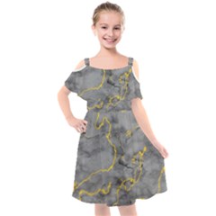 Marble Neon Retro Light Gray With Gold Yellow Veins Texture Floor Background Retro Neon 80s Style Neon Colors Print Luxuous Real Marble Kids  Cut Out Shoulders Chiffon Dress by genx