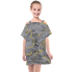 Marble Neon Retro Light Gray With Gold Yellow Veins Texture Floor Background Retro Neon 80s Style Neon Colors Print Luxuous Real Marble Kids  One Piece Chiffon Dress by genx