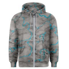 Marble Light Gray With Bright Cyan Blue Veins Texture Floor Background Retro Neon 80s Style Neon Colors Print Luxuous Real Marble Men s Zipper Hoodie by genx