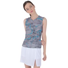 Marble Light Gray With Bright Cyan Blue Veins Texture Floor Background Retro Neon 80s Style Neon Colors Print Luxuous Real Marble Women s Sleeveless Mesh Sports Top by genx